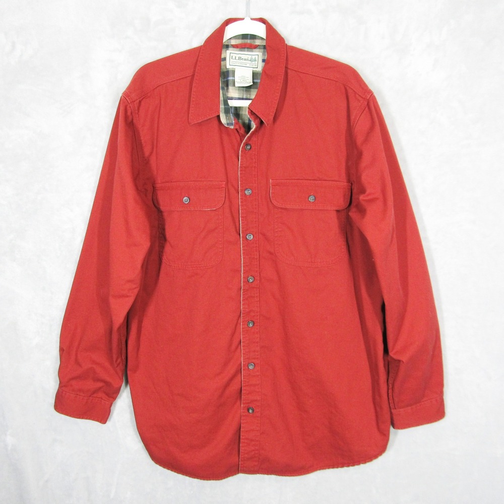 LL Bean Mens Flannel Lined Shirt Jacket Rust Red Cotton Button Up Large